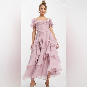 ASOS Design flutter sleeve ruched corset detail tiered midi dress